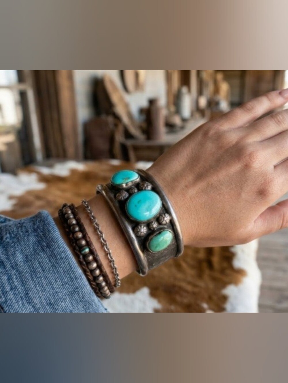 Vintage Sterling Silver Turquoise StoneCuff Bracelet  63.6 Grams / Cuff Size 7